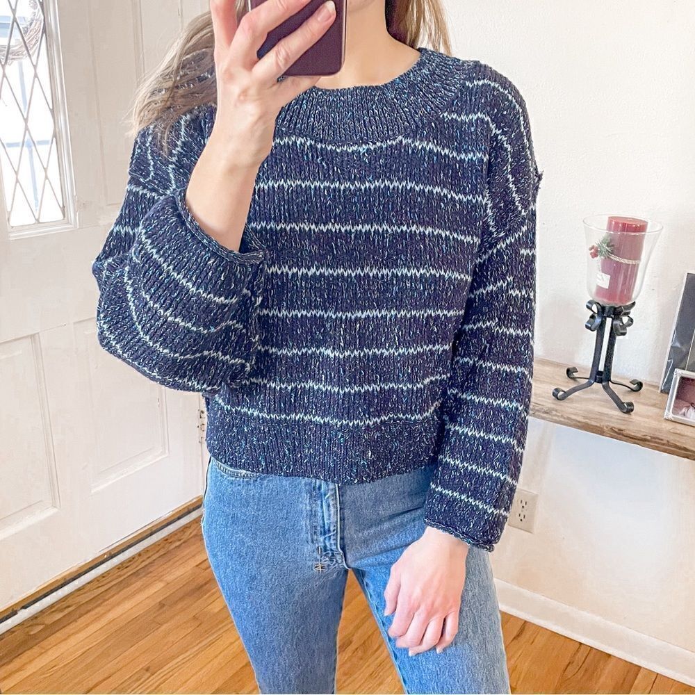 Free People Starlight Pullover Sweater in Blue Striped XS
